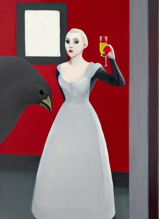 Image similar to a painting of AnnaSophia Robb, frozen cold stare, blood red background and transparent gray dress, crows as a symbol of death, in style of Edward Hopper, John Singer Sargant, American Gothic