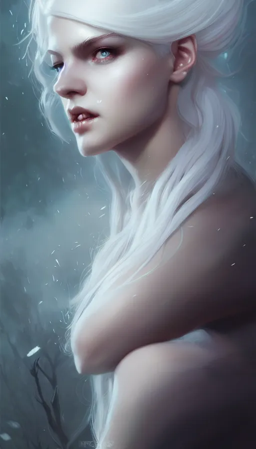 Image similar to portrait of a beautiful girl, flowy white hair, cinematic lighting, highly detailed, dark forest, digital painting, trending on artstation, pixiv, concept art, sharp focus, illustration, art by ross tran and wlop