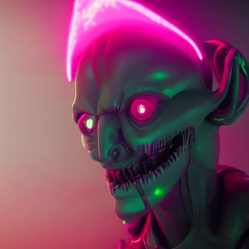 Image similar to synthwave demonic grey alien face with neon horns, detailed face, sharp focus, synthwave art, aesthetic, octane render, raw, cinematic