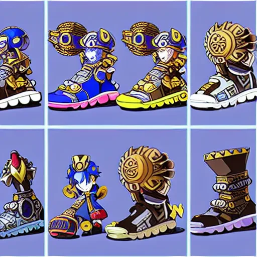 Image similar to fantasy jrpg sneaker design designed by capcom megaman, chrono trigger guilty gear sneaker styles, aztec mayan street fashion native punk sneaker design, focus on megaman hip hop sneaker design with subtle mayan patterns, trending on pixiv fanbox, painted by akira toriyama and studio ghibli princess mononoke megaman capcom