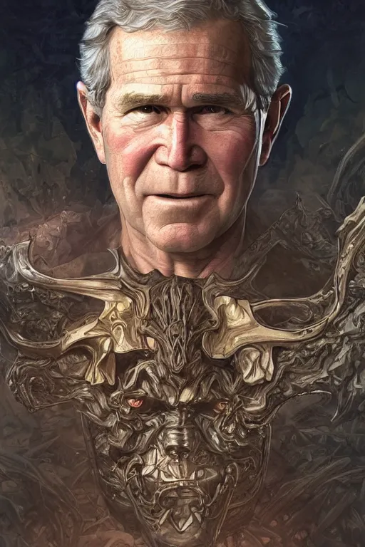 Image similar to portrait of george w bush as a hulking herculean demon, forest, godlike, full body, fantasy, intricate, elegant, highly detailed, digital painting, artstation, concept art, sharp focus, illustration, art by artgerm and greg rutkowski and alphonse mucha