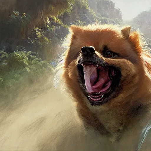 Prompt: concept art painting of a pomeranian roaring in jurassic park, by james gurney and greg rutkowski