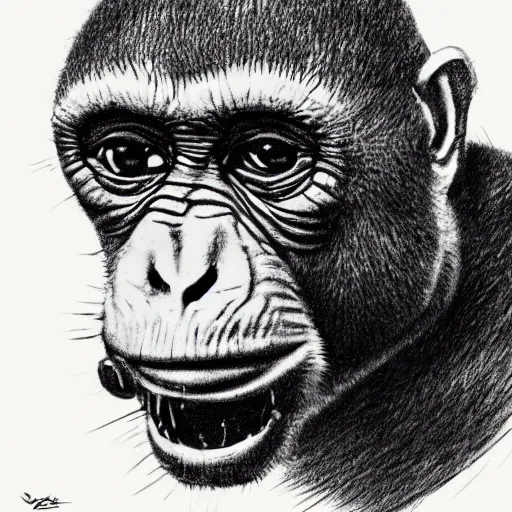 Image similar to Joe Rogan as a half monkey talking into a microphone, single subject, portrait, intricate, highly detailed, concept art, smooth, sharp focus, pencil art