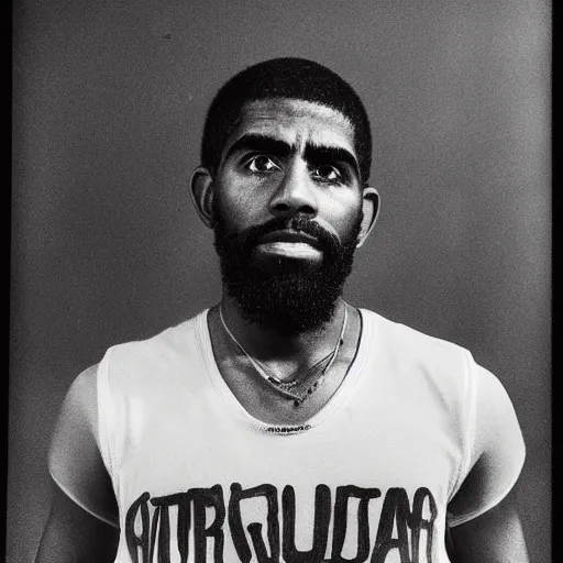 Prompt: portrait of kyrie irving, kyrie irving as che guevara, heroico, black and white, photograph by alberto korda, inspiring, dignifying, national archives