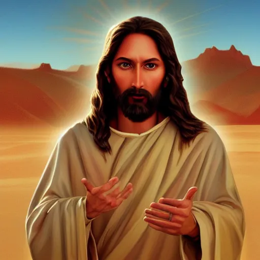 Image similar to an Artstation 3d render of Very very very very highly detailed beautiful mystic oil painting of jesus in the desert, intricate, extremely detailed, digital painting, artstation, concept art, smooth, sharp focus, illustration, intimidating lighting, incredible art,