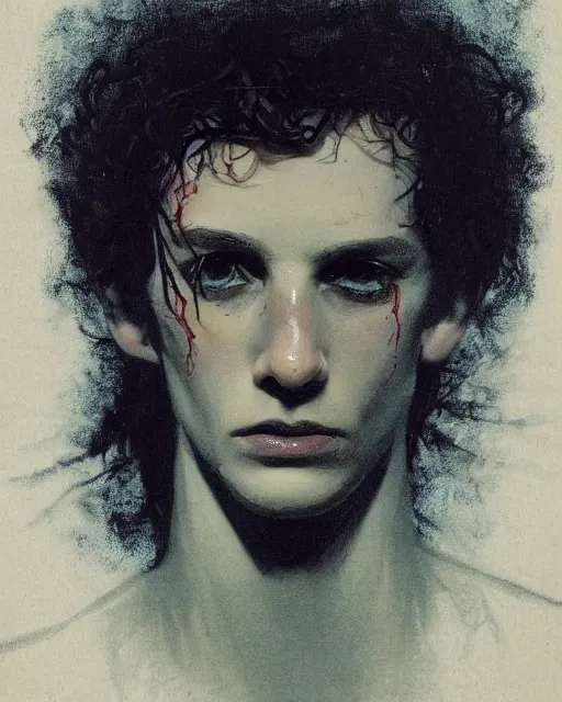 Prompt: a beautiful but sinister young man in layers of fear, with haunted eyes and wild hair, 1 9 7 0 s, seventies, woodland, a little blood, moonlight showing injuries, delicate embellishments, painterly, offset printing technique, by brom