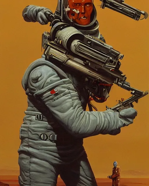 Image similar to a painting of a spaceman holding a rifle, concept art by michael whelan and tim white and vincent di fate, featured on deviantart, space art, concept art, sci - fi, cosmic horror