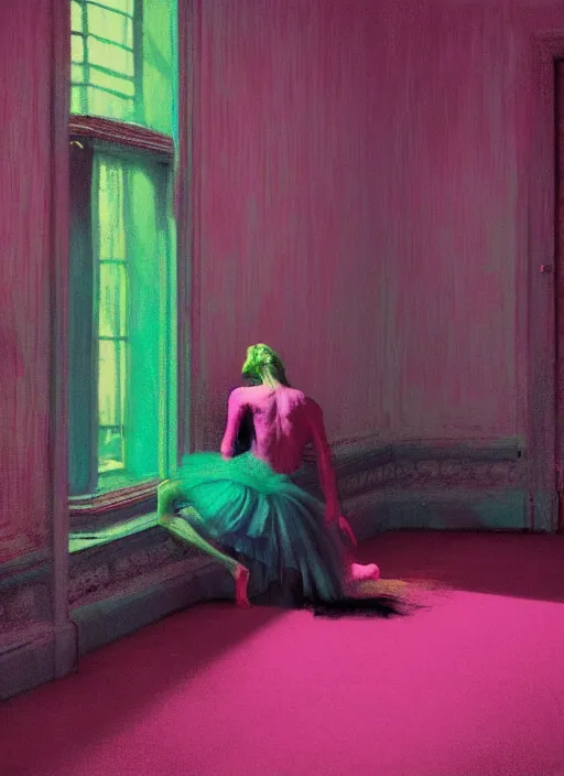 Image similar to eventually even those who avoided the world were drawn into its madness. gothic, rich deep pink, blue and green colours, creepy, mystical, highly detailed and intricate, by francis bacon, edward hopper, adrian ghenie, glenn brown, soft light 4 k, pink and green colour palette, cinematic composition, cinematic lighting, high quality octane render