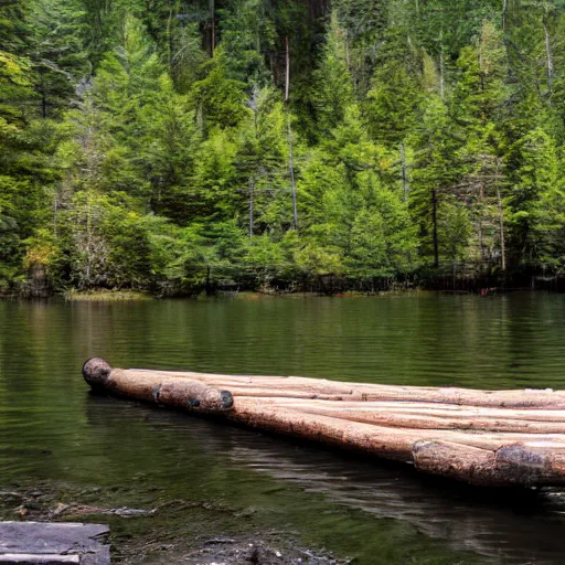 Image similar to primitive wooden dock on a lake coast with primitive rowboats docked at it, bushcraft, made of logs