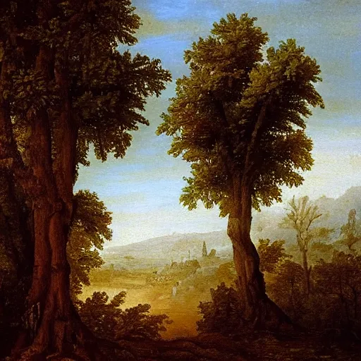 Prompt: A baroque oil-painting of trees. Realistic, Ancient.