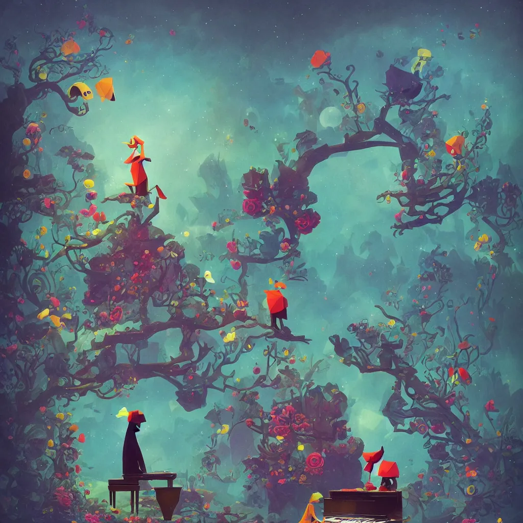 Image similar to low poly, pixar, la pianista Elesky tocando su piano en un surreal hybrid animals, nostalgia for a fairytale, magic realism, flowerpunk, mysterious vivid colors by andy kehoe and amanda clarke en un mundo de Gediminas Pranckevicius