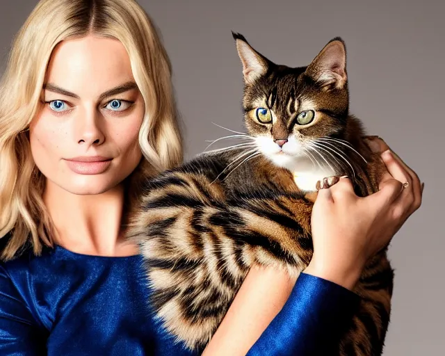 Prompt: A photo of margot robbie holding a beautiful cat, highly detailed, detailed face, beautiful face, blue eyes, 4k, hd, sharp, cinematic