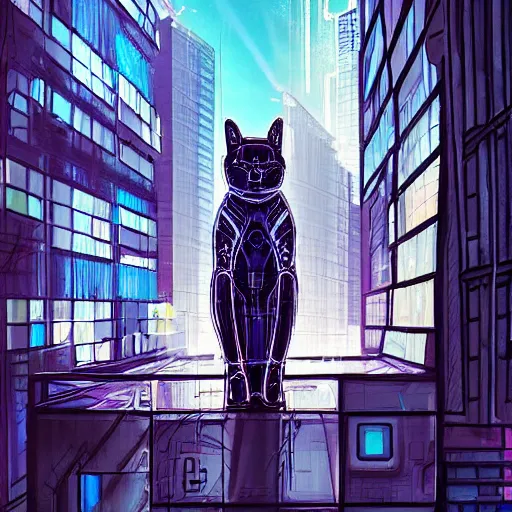 Prompt: cybercat in window | cyberpunk cityscape by james warhola