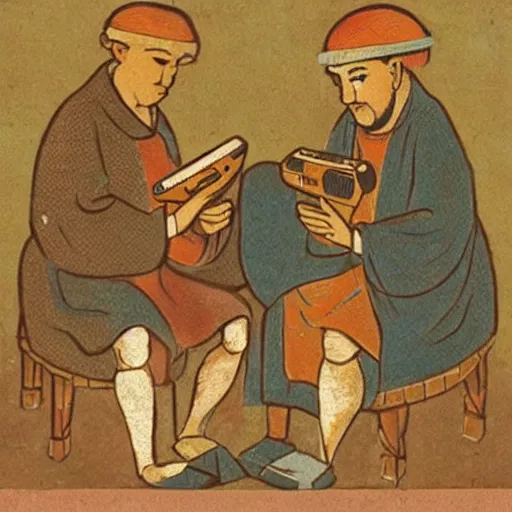 Image similar to a photograph of two men from the 1 2 th century playing on a handheld console