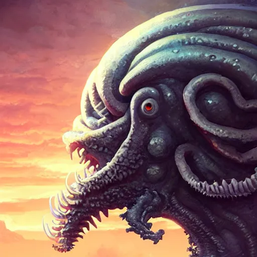 Image similar to the large enormous giant head of a monster appearing from a portal in the sky. lovecraft. lovecraftian. eldritch monster. detailed. uhd. photo realistic. realistic. by simon fetscher. andrei riabovitchev