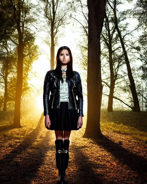 Image similar to hyperrealistic mithra young girl in her 20s intricate knee high black flat boots and leather jacket in a forest sun behind her concept art eric zener elson peter cinematic blue light low angle hd 8k sharp shallow depth of field