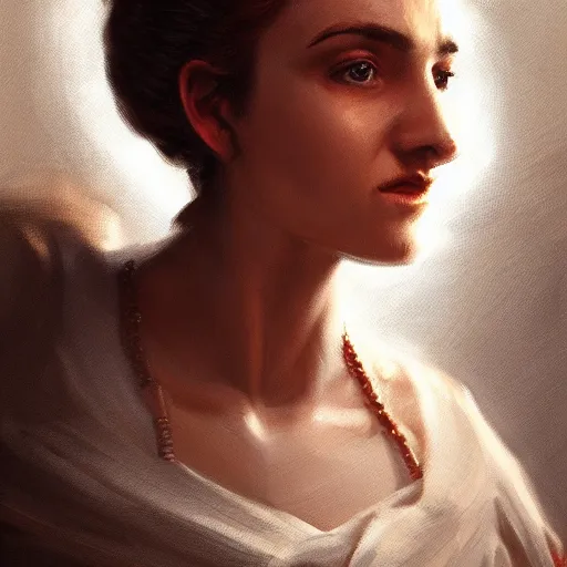 Image similar to Portrait of a Greek Woman in Hellenic dress, oil painting by Cedric Peyravernay, highly detailed, cinematic concept art, dramatic lighting, trending on Artstation