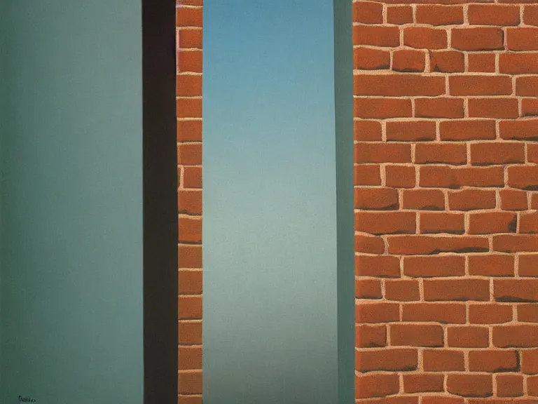 Image similar to an open door to nothingness in brick wall, painting by rene magritte, high detail, high resolution