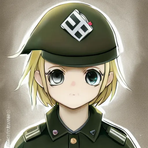 Image similar to beautiful little blonde boy in nazi uniform. made in abyss art style, inspired by kris from deltarrune, cute detailed artwork, anatomically correct, soft details, ilya kuvshinov, reflection, perfect composition, portrait, illumination, digital art, detailed anime soft face, symmetrical face, western comic, illustration, realistic, evil face