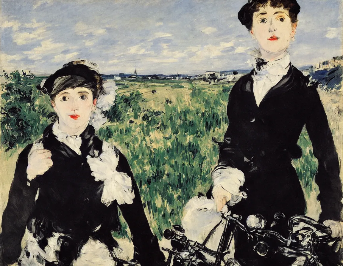 Image similar to edouard manet. a wide portrait of a marie from the side all dressed in black on a motorcycle on a highway looking over her shoulder towards us. blue sky. there is another motorcycle blurred in the background. precise thin brush strokes. expressive. emotional. modern.