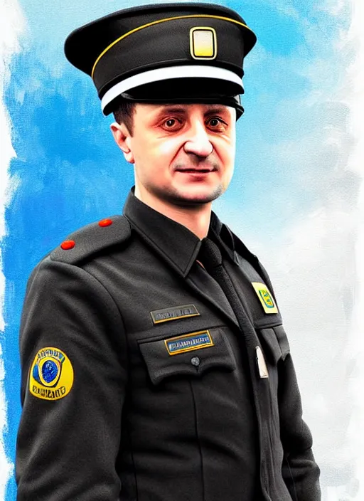 Image similar to volodymyr zelenskyy wearing a police uniform, digital art