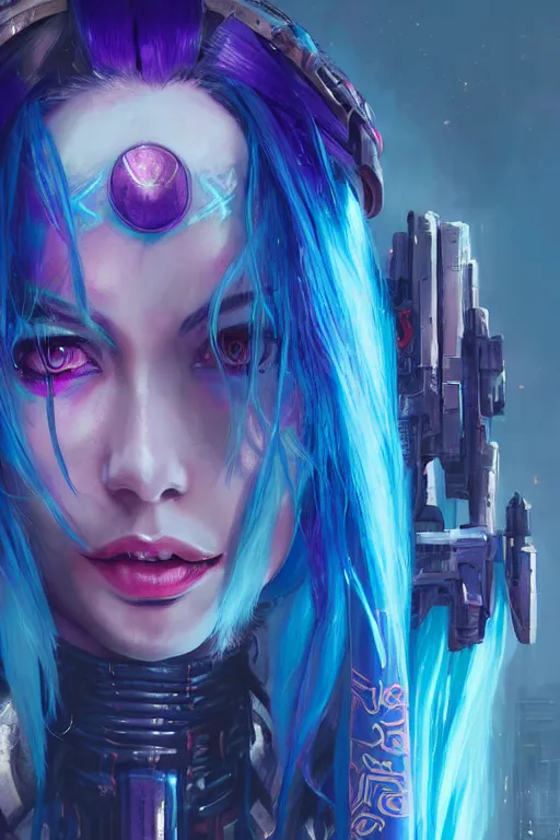 Prompt: jinx from league of legends, cyberpunk futuristic neon. long blue hair, decorated with traditional japanese ornaments by ismail inceoglu dragan bibin hans thoma greg rutkowski alexandros pyromallis nekro rene maritte illustrated, perfect face, fine details, realistic shaded, fine - face, pretty face