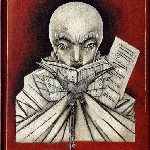 Prompt: Fantasy portrait of a man made of frost and shadow holding religious tome, high detailed, horror, old renaissance, religious art, style of Harshanand Singh and Junji Ito