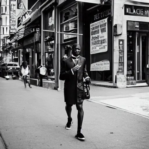 Prompt: Black man walking down Manhattan streets, bok