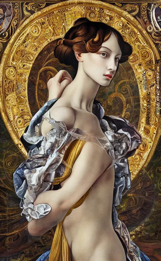 Prompt: beautifully painted mural of a stunning young cyborg muse in ornate linen fabric, transparent linen, space opera, beautiful ornaments, highly detailed, glowing eyes, sci fi setting, vogue cover poses, fashion magazine, mural in the style of sandro botticelli, caravaggio, albrecth durer