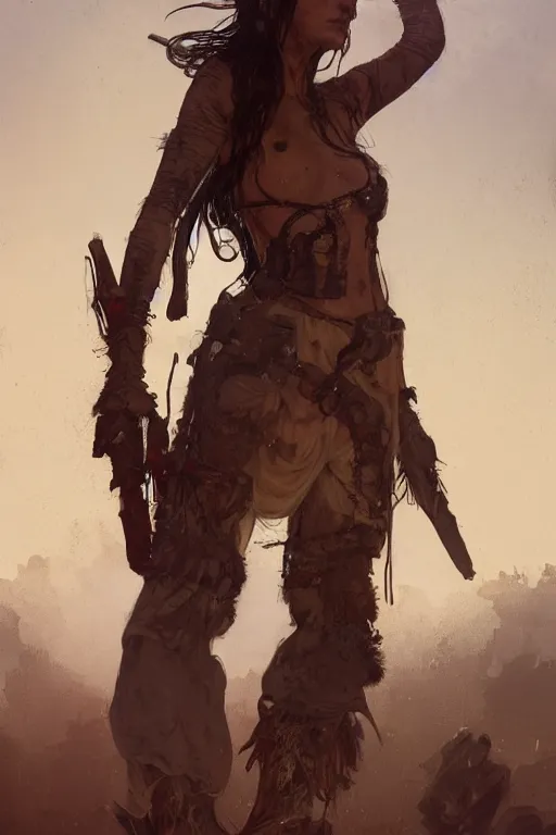 Prompt: a full body portrait of a beautiful post apocalyptic offworld huntsman ’ s quarter bedouin blind pulp fiction scarlet wild rogue barbarian leper begging by the roadside, intricate, elegant, highly detailed, digital painting, artstation, concept art, smooth, sharp focus, illustration, art by krenz cushart and artem demura and alphonse mucha