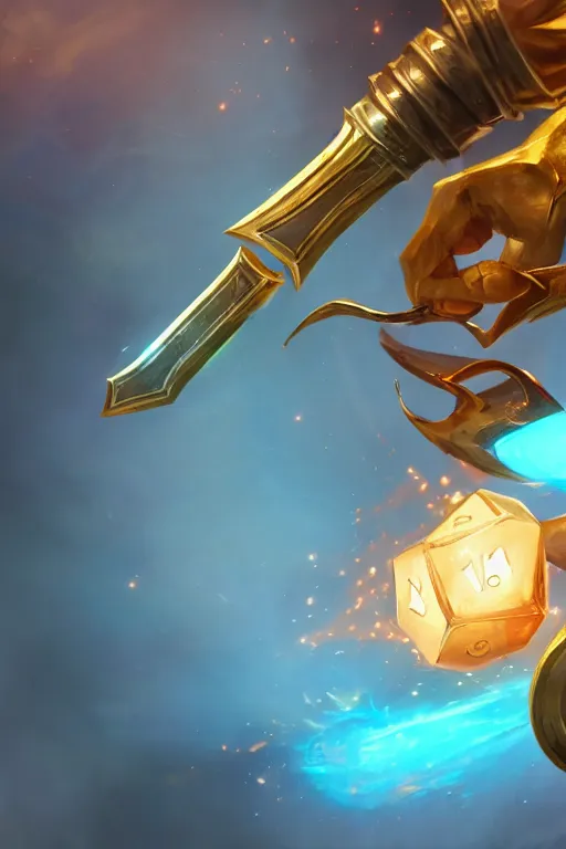 Image similar to a magical golden weapon, d & d, league of legends, concept art, blue background, dramatic lighting. realistic, epic legends, game icon, global illumination, ian pesty