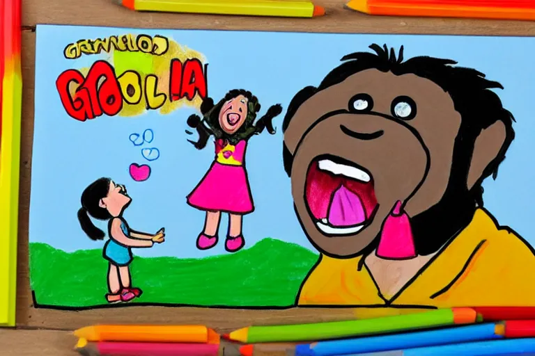 Image similar to Kids crayon drawing of a girl wearing girl shouting to a gorilla eating a banana