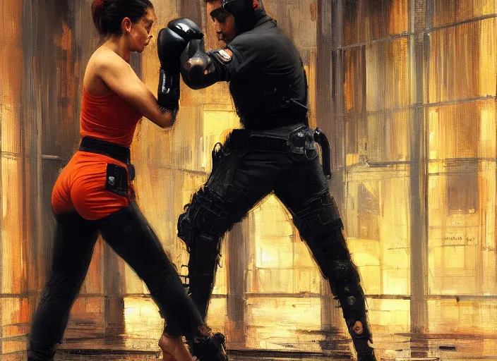 Image similar to Maria fights sgt Nash. Cyberpunk hacker in orange jumpsuit fighting menacing police troopers (blade runner 2049). beautiful face. kickboxing. Orientalist portrait by john william waterhouse and James Gurney and Theodore Ralli and Nasreddine Dinet, oil on canvas. Cinematic, hyper realism, realistic proportions, dramatic lighting, high detail 4k