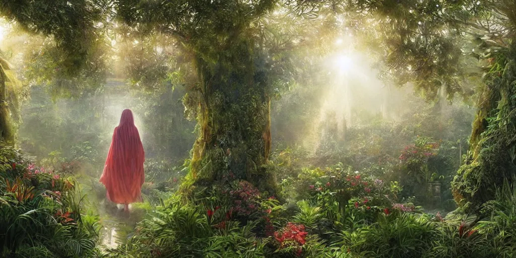 Prompt: long shot of a bright sun shining through a gardens in the bay interior, mystical woman wearing a cloak walking in over grown botanical garden, pre raphaelite, atmospheric, ground mist, waterfalls, light streams, style of gardens in the bay singapore, art by artgerm, sharp, intricate detail,