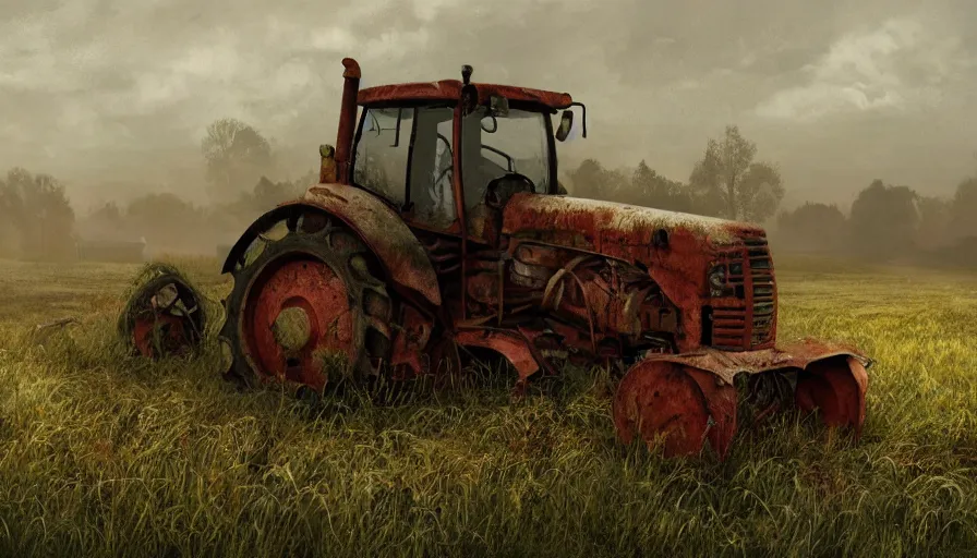 Prompt: abandoned old 2 0 0 0's belgian farm with vegetation, abandoned rusted tractor, morning, hyperdetailed, artstation, cgsociety, 8 k