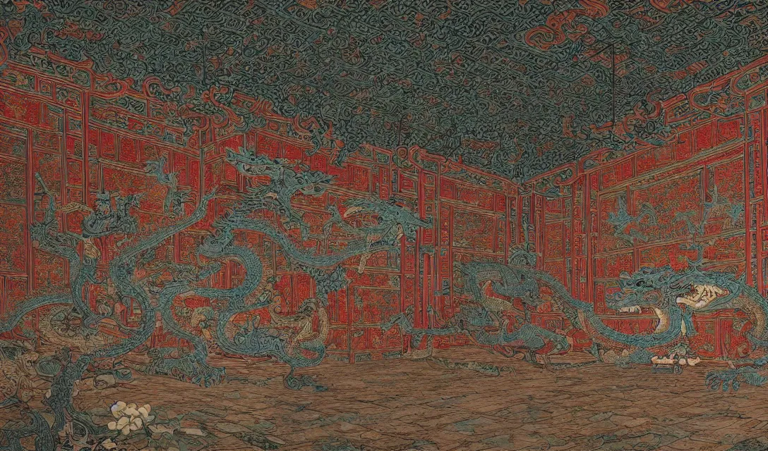 Prompt: beautiful hyperdetailed 4 k hd wallpaper illustration interior of tang dynasty palace in china, wall painting, from china, with dragon throne, fine delicate structure, chinese style, victo ngai