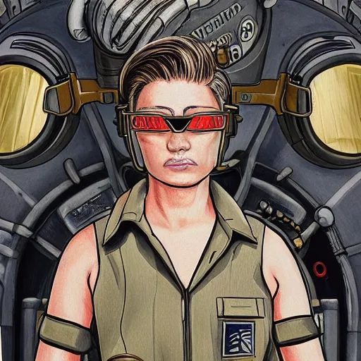 Prompt: detailed portrait of heroic square - jawed emotionless serious blonde butch woman starship engineer, tribal tattoos, with dark brass victorian goggles, handsome, short slicked - back hair, wearing ripped dirty flight suit, looking distracted, awkward, standing in front of small spacecraft, mike mignogna, david mack