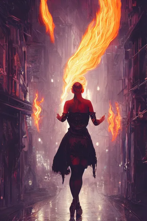 Image similar to in the foreground a blonde woman from behind with flames in her hands coming out of her hands in the background paris in cyberpunk, intricate, highly detailed, digital painting, artstation, concept art, matte, sharp focus, illustration, art by artgerm and greg rutkowski and alphonse mucha