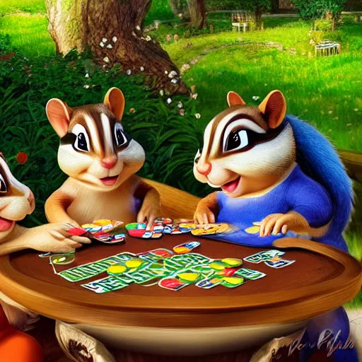 Image similar to three chipmunks sitting in a beautiful garden at a winery in heaven, tasting wine and eating cheese, while playing poker, digital art animation, highly detailed, elegant, 4 k