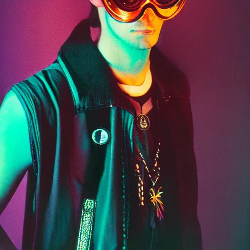 Prompt: kodak ektachrome e 1 0 0 photograph of a skinny nerdy goth guy with wild hair wearing goggles and eclectic jewelry, moody lighting, telephoto, 9 0 s vibe, rave background, vaporwave colors, faded!,