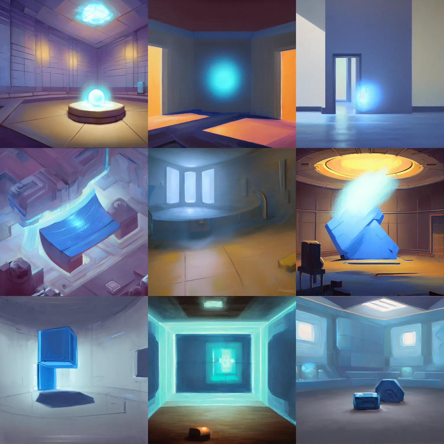 Prompt: a painting of a blue object in a room, concept art by Noah Bradley, trending on polycount, altermodern, concept art, official art, tesseract