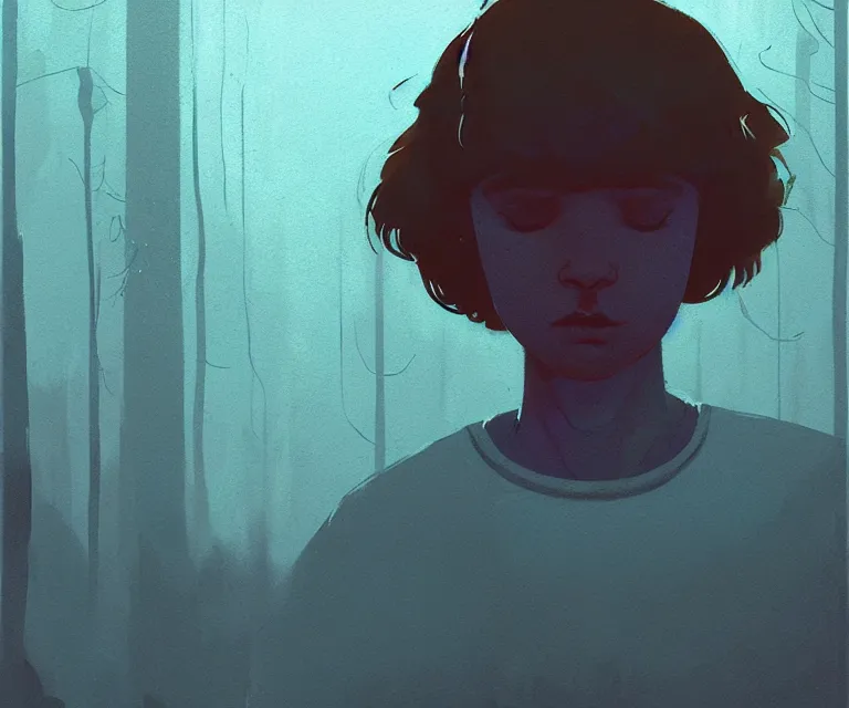 Image similar to stranger things, naturel, art style by atey ghailan, greg rutkowski, greg tocchini, james gilleard, joe gb fenton, in kaethe butcher, dynamic lighting, gradient light blue, brown, blonde cream and white color in scheme, grunge aesthetic