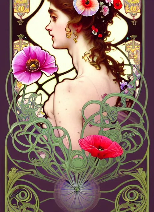 Image similar to poppy flowers, rococo and art nouveau fusion, iridescent diaphanous refractive and reflective flower bouquet, tarot card, highly detailed, deep focus, elegant, digital painting, smooth, sharp focus, illustration, ultra realistic, 8 k, art by artgerm and alphonse mucha