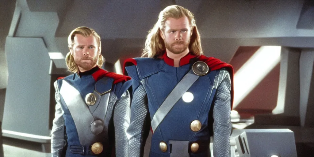 Image similar to Thor, in starfleet uniform, in the role of Captain Kirk in a scene from Star Trek the original series