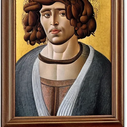 Image similar to a Greek man with long brown hair, full body, Sandro Botticelli