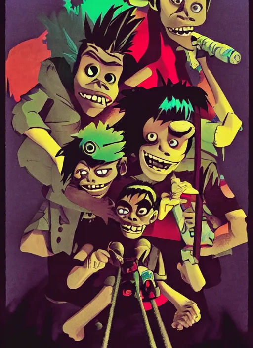 Image similar to gorillaz, official art by jamie hewlett, phase 2, demon days, desaturated colours