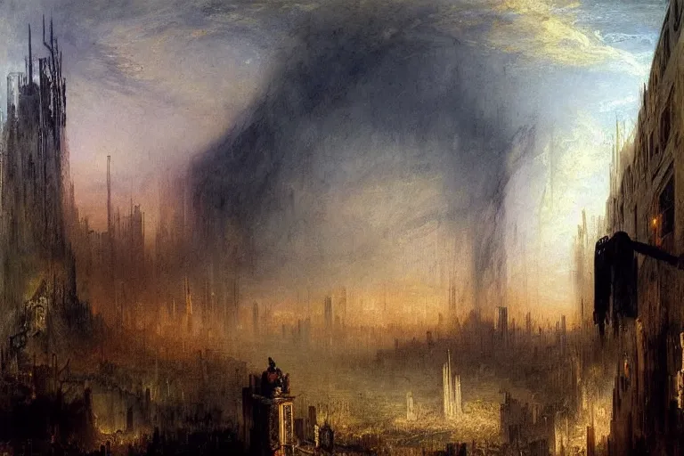 Image similar to cyberpunk post-apocalyptic city landscape with hooded figure painted by William Turner 1860