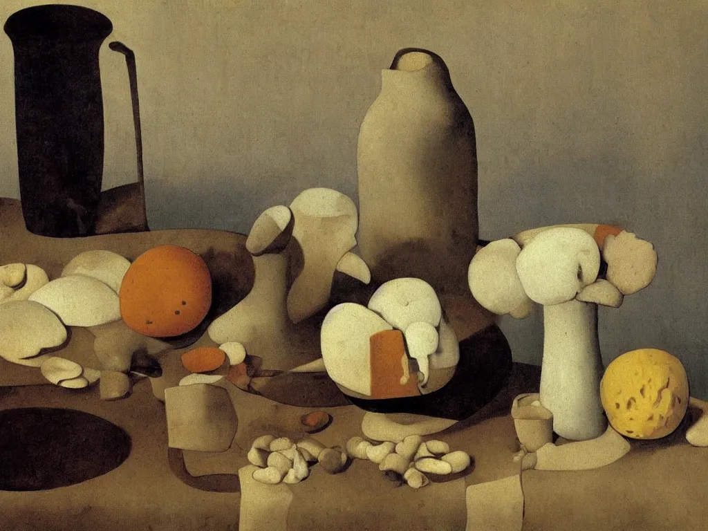 Prompt: Still life with moldy bread, fungus, white vase, ceramic pot. Painting by Zurbaran, Yves Tanguy, Morandi