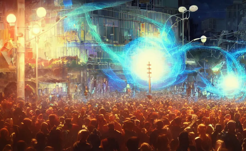 Image similar to crowd of crazy people with posters attacking cops in front a huge blue spiral - shaped bright white luminous attractor that is floating and stores in los angeles with light screens all over the street, concept art, art for the game, professional lighting, night lighting from streetlights