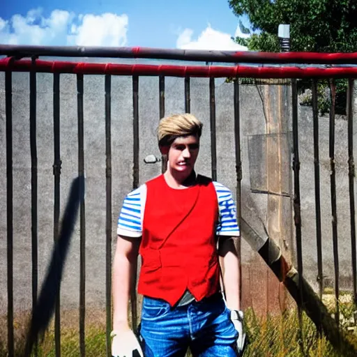 Image similar to Young man standing looking to the right in a red bandana, blue striped shirt, gray vest and a gun with a partly cloudy sky in the background. The young man is standing in front of an iron fence. Photograph. Real life